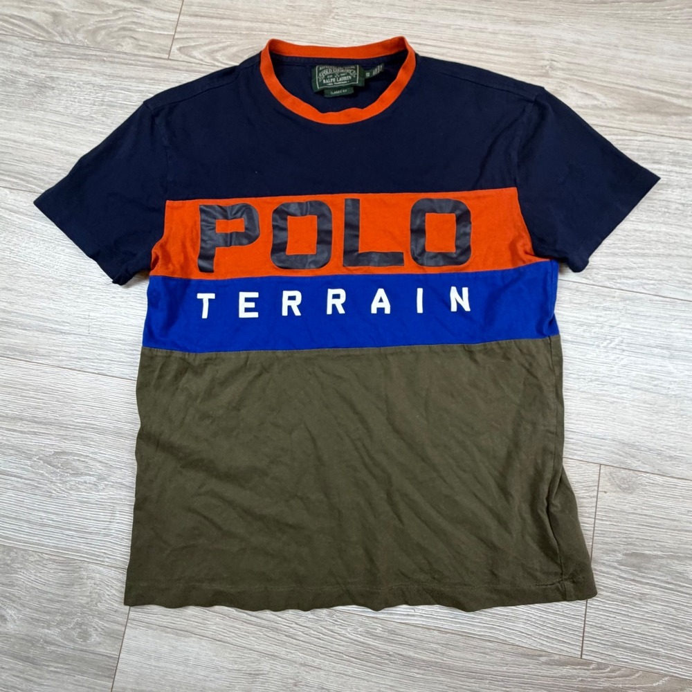 Polo‎ Country Ralph Lauren Terrain Colorblock T-Shirt Mens XS Navy Orange Olive